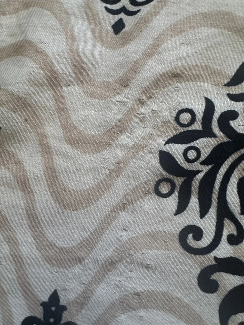 Cream and Black Printed Silk Scarf with Mustard Trim